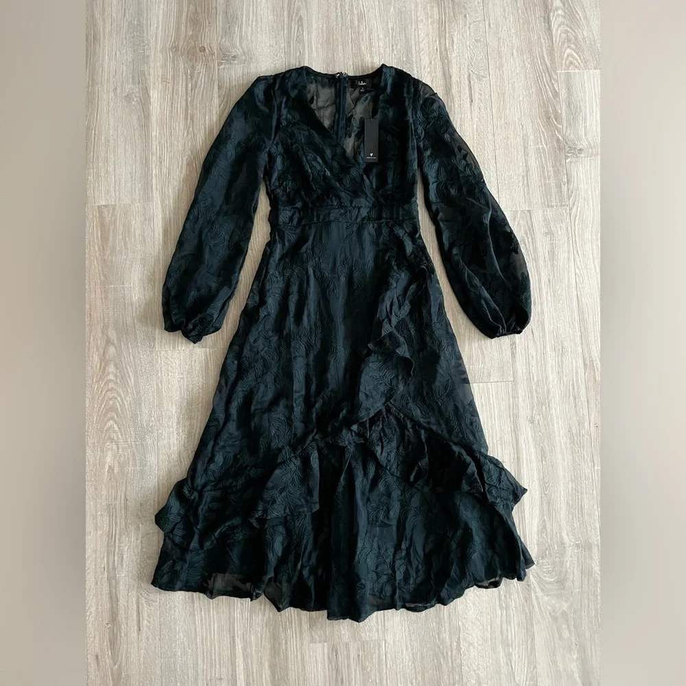 NWT Lulus Spectacular Feeling Emerald Embroidered Faux Wrap Midi Dress - Small - Picture 4 of 10